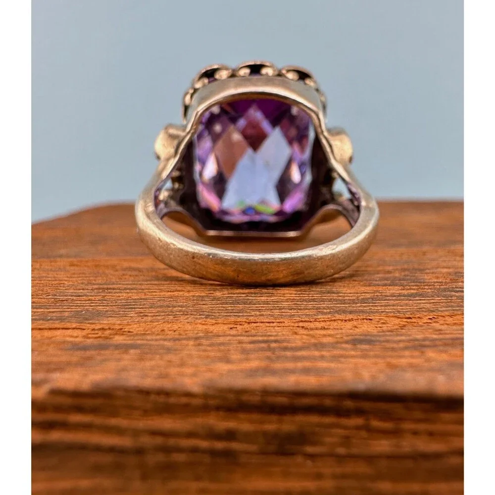 Vintage Sterling Silver Purple Stone Ring Simulated Spinel Large Faceted 6.5